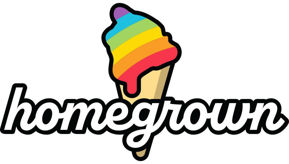 Real fruit ice cream logo featuring an ice cream cone, with a scoop of ice cream in teh shape of Hawaii Island and colored stripes in rainbow colors.